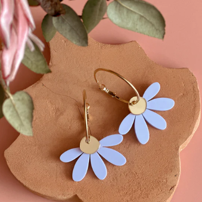 Jumbo daisy earrings. Hoop style. Foxie Collective Stockist Loloma Living, Tamborine Mountain QLD. Daisy earrings.