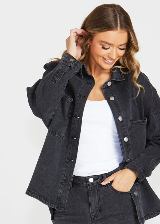 LAST ONE: Size 20! Jasmine Denim Shacket in Washed Black
