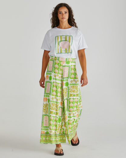 SASS Emmett Wide Leg Pant in tropical shell print with flat front and side pockets. Available at Loloma Living, Tamborine Mountain.
