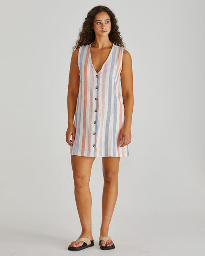 Front view of Lady wearing the SASS Travis Vest Dress in stripe with princess seam detail and side pockets. Linen combination.  Available at Loloma Living, Tamborine Mountain. Stockist of SASS and Betty Basics.