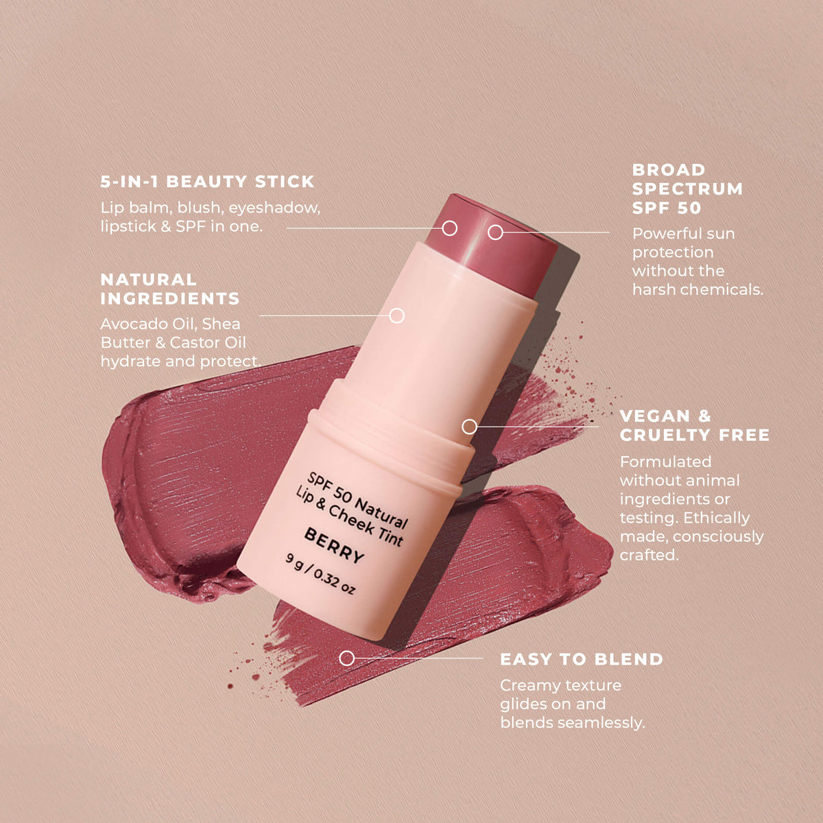 SPF 50 Natural Lip & Check Tint Stick BERRY by Avocado Zinc