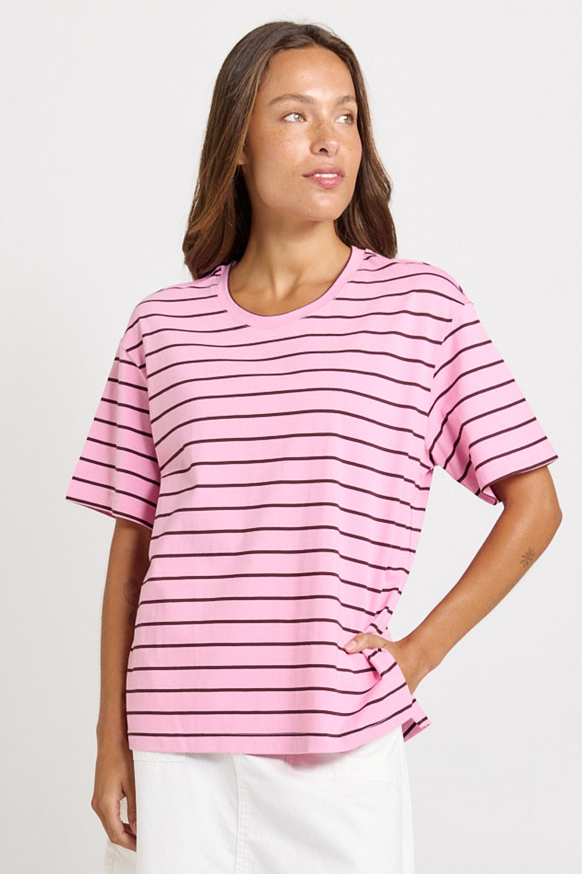 Relax Boxy Tee in Pink/Chocolate Stripes by Betty Basics