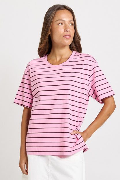Relax Boxy Tee in Pink/Chocolate Stripes by Betty Basics