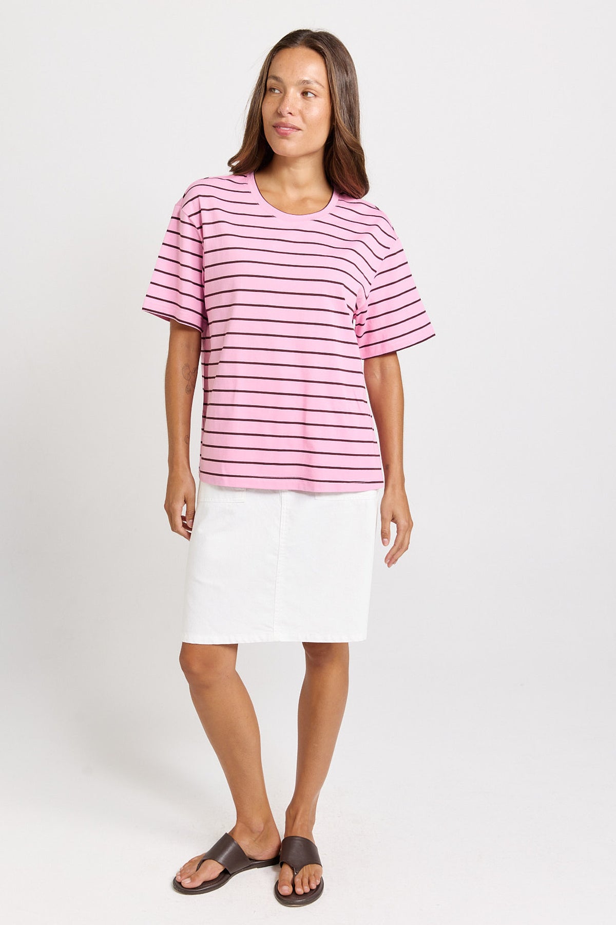 Relax Boxy Tee in Pink/Chocolate Stripes by Betty Basics