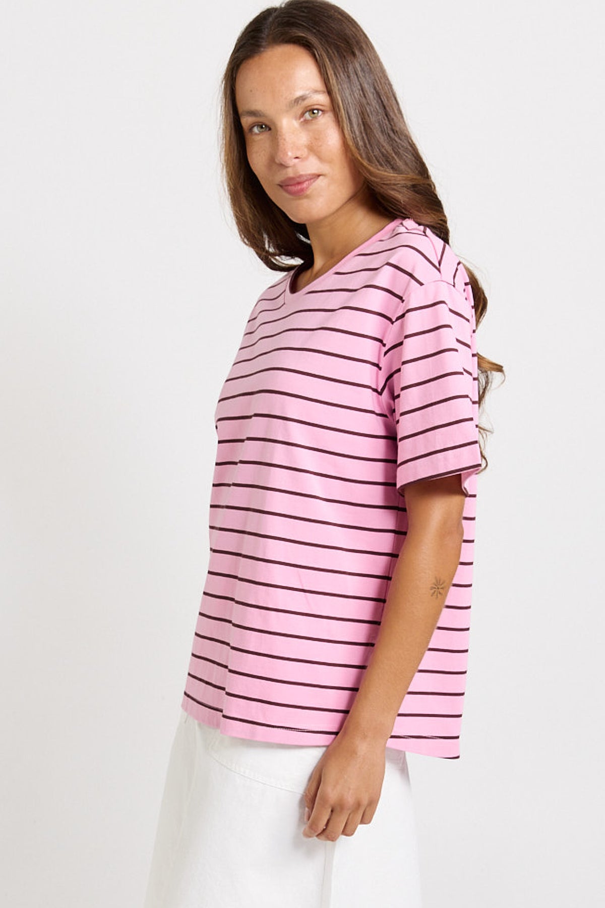 Relax Boxy Tee in Pink/Chocolate Stripes by Betty Basics