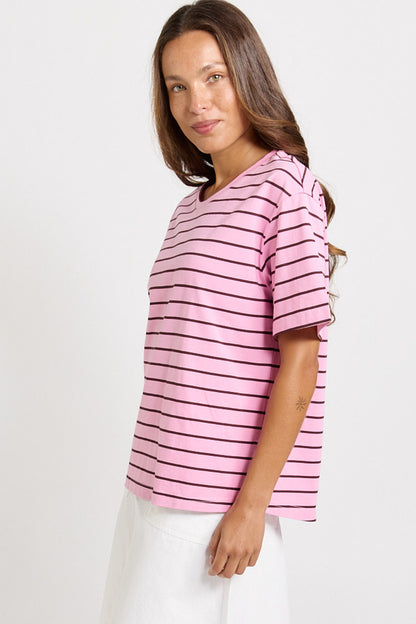 Relax Boxy Tee in Pink/Chocolate Stripes by Betty Basics