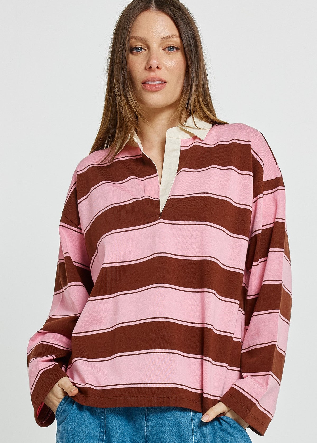 LAST ONE: SIZE 16! Roland Rugby Top Pink/Choc by BETTY BASICS