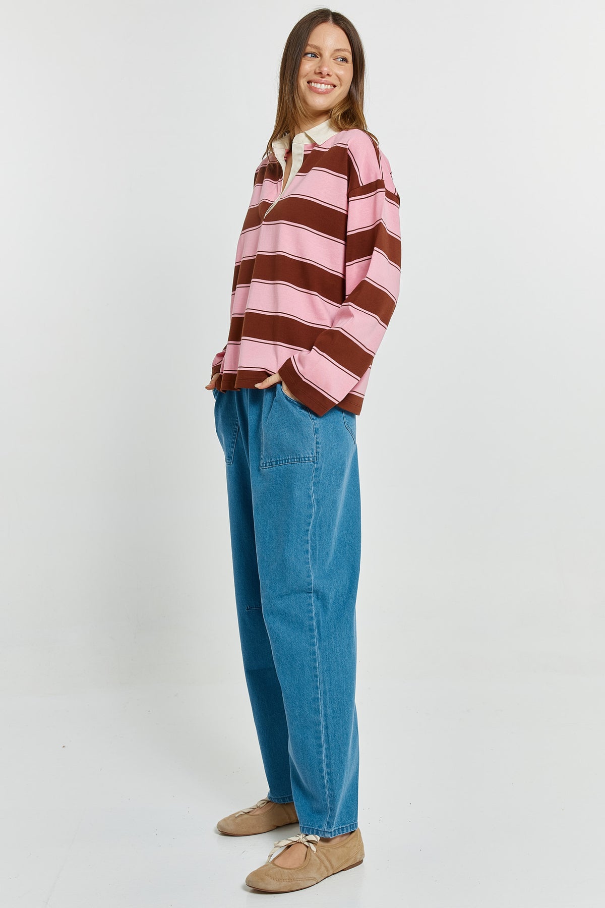 LAST ONE: SIZE 16! Roland Rugby Top Pink/Choc by BETTY BASICS