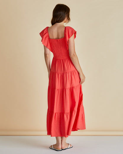 Red Sadie Betty Basics dress available at Loloma Living TAmborine Mountain. Betty Basics and SASS Stockist Loloma Living. Back view of sadie dress.