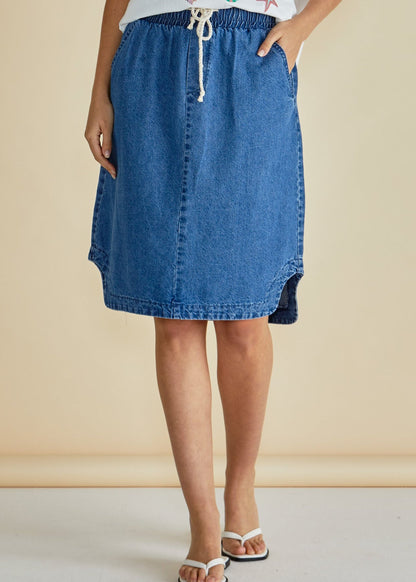 Shop the Dara Denim Elasticated Skirt by Betty Basics at Loloma Living Tamborine Mountain or online fast postage. Sass and Betty Basics stockist Loloma Living.