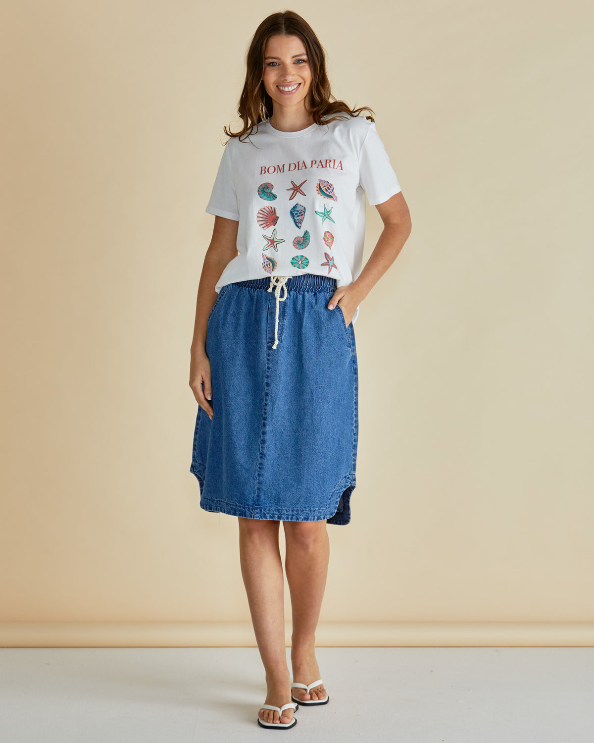 Shop the Dara Denim Elasticated Skirt by Betty Basics at Loloma Living Tamborine Mountain or online fast postage.