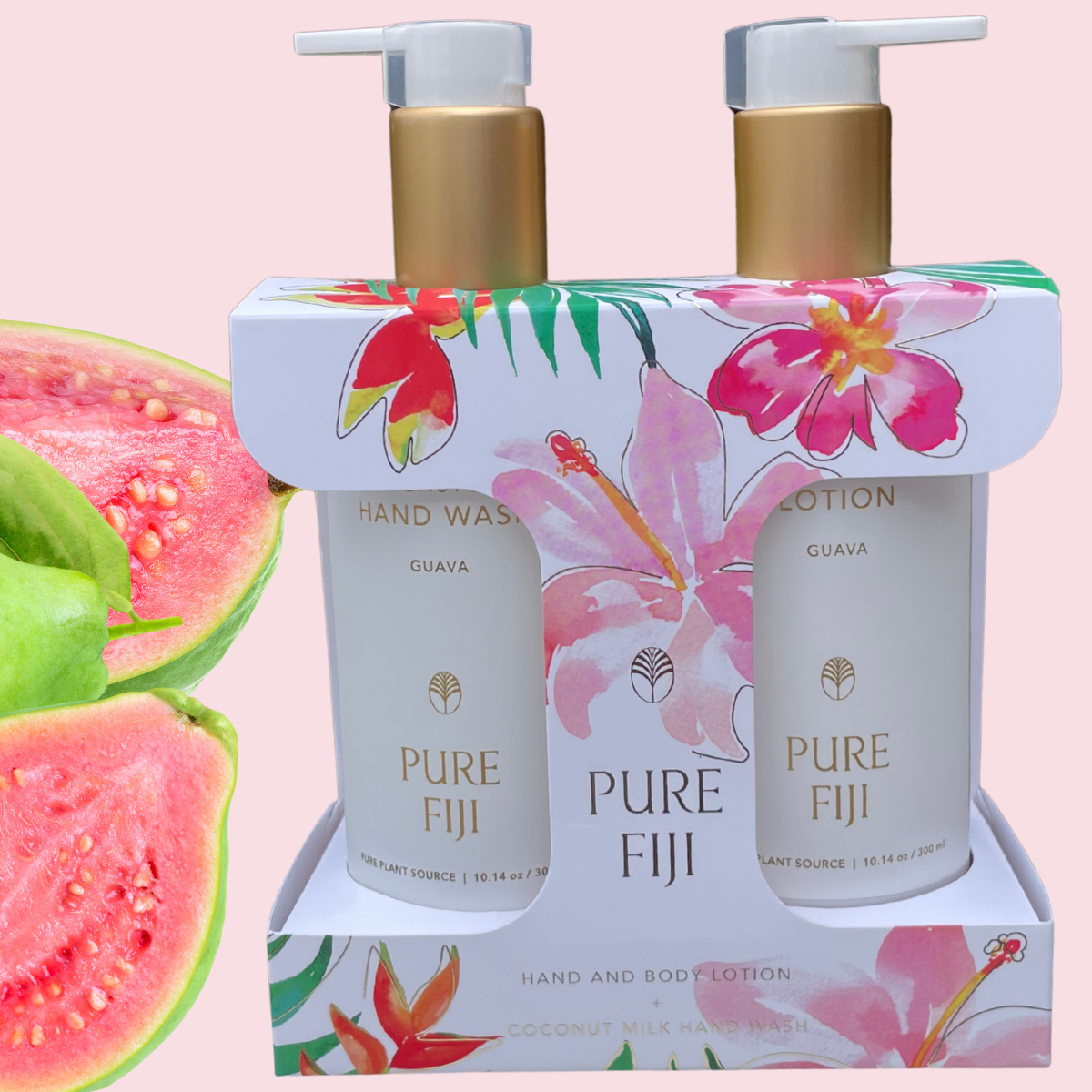 Pure Fiji Vanity Duo hand wash and lotion set 300ml in elegant tropical packaging. Christmas giftset. Loloma Living is stockist of Pure Fiji and Reniu Fiji. Guava handwash and lotion set by Pure Fiji.
