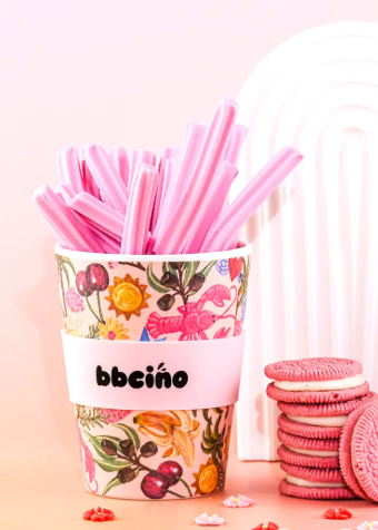 bcino, Amy Gibbs, bbcino x Amy Gibbs, Biggiecino, keep cup, reusable coffee cup, 350ml, coffee cup with straw, iced latte cup, eco friendly, gifts for mum, gifts for her, pink, tropical,Lola and Lola