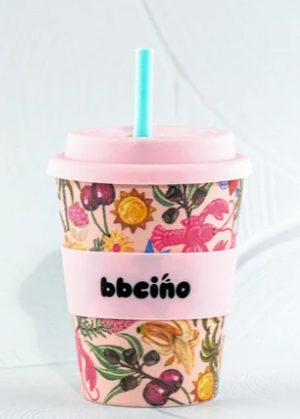 bcino, Amy Gibbs, bbcino x Amy Gibbs, Biggiecino, keep cup, reusable coffee cup, 350ml, coffee cup with straw, iced latte cup, eco friendly, gifts for mum, gifts for her, pink, tropical lola and lola tamborine mountain