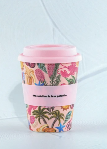 bcino, Amy Gibbs, bbcino x Amy Gibbs, Biggiecino, keep cup, reusable coffee cup, 350ml, coffee cup with straw, iced latte cup, eco friendly, gifts for mum, gifts for her, pink, tropical available at Lola and Lola Tamborine Mountain Boutique
