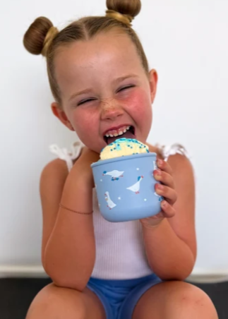 bbcino, Silly Goose, snack pot, snack cup, silicone snack container, kids snack pot, toddler snack cup, lunchbox, leak resistant, reusable, eco friendly, gifts for kids, kids gifts, blue, goose, BBCINO STOCKIST LOLA AND LOLA 