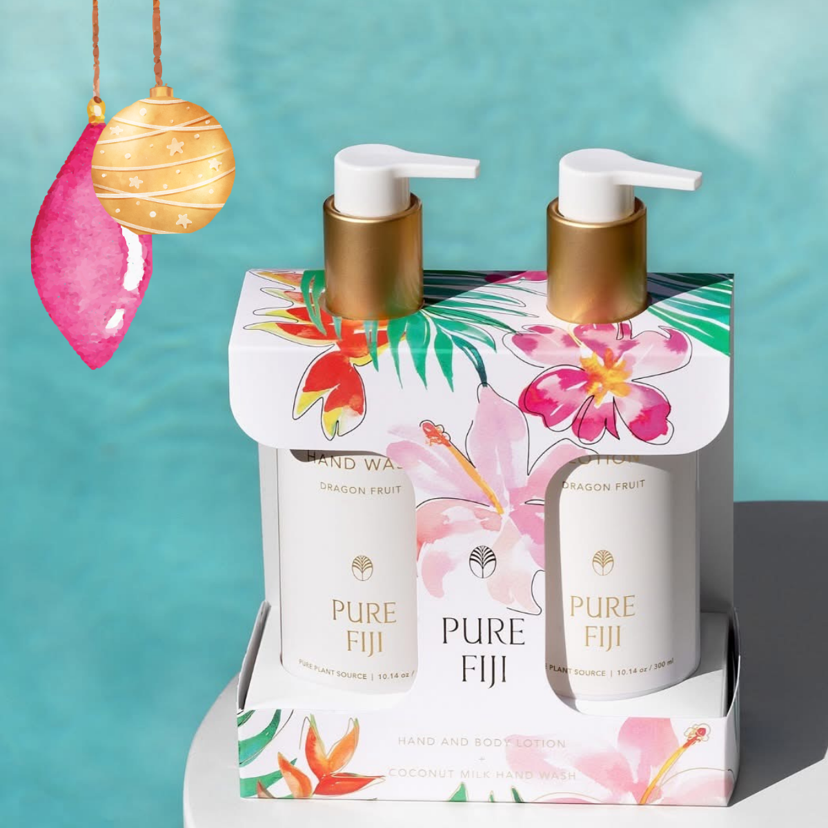 Pure Fiji Vanity Duo hand wash and lotion set 300ml in elegant tropical packaging. Christmas giftset. Loloma Living is stockist of Pure Fiji and Reniu Fiji.