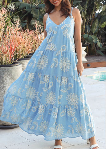 Gracie Pale Blue Embroidered Maxi Dress by Salty Palm