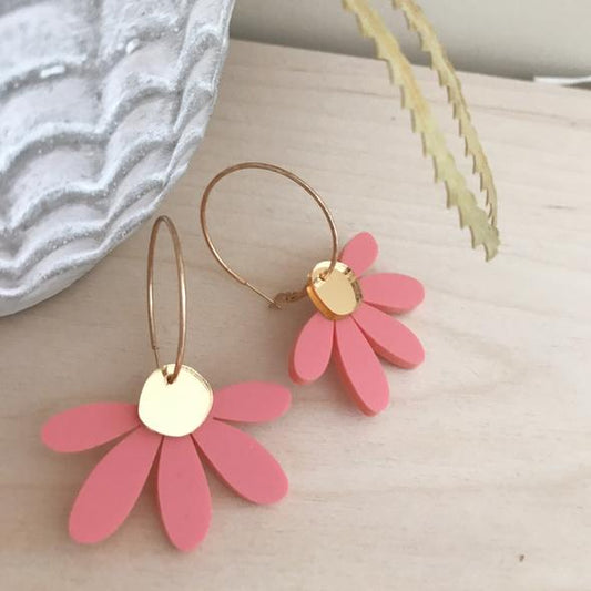Jumbo Daisy Hoop Earring Pastel Raspberry and Gold